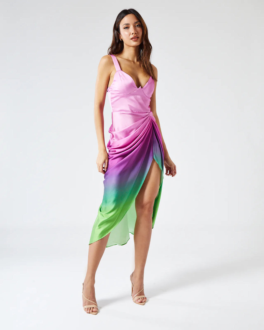 LAYLA MIDI DRESS WITH DRAPED SKIRT IN PURPLE AND GREEN OMBRE