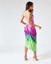 Load image into Gallery viewer, LAYLA MIDI DRESS WITH DRAPED SKIRT IN PURPLE AND GREEN OMBRE