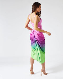 LAYLA MIDI DRESS WITH DRAPED SKIRT IN PURPLE AND GREEN OMBRE