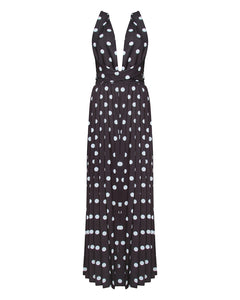 BLACK AND WHITE POLKA DOT JUMPSUIT WITH PLEATED TROUSER AND MULTIWAY BODICE