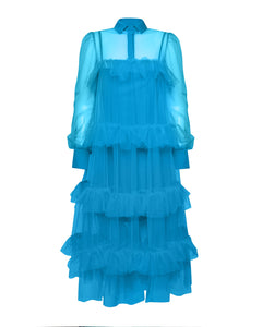 PALOMA TIERED TULLE OVERSIZED SHIRT DRESS IN BRIGHT BLUE