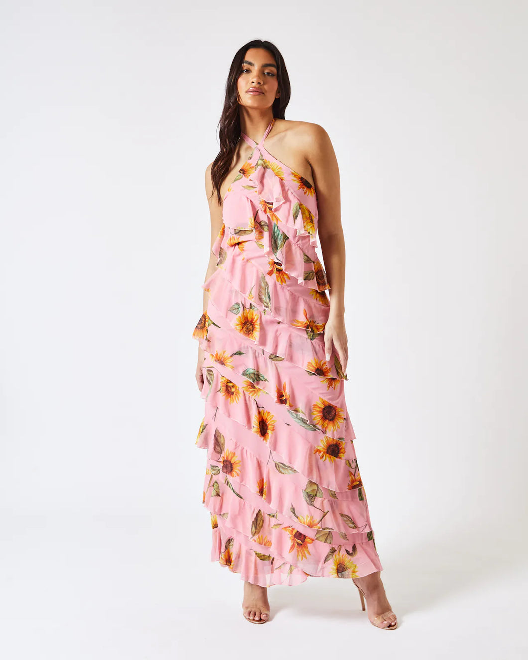 DAHLIA SUNFLOWER HALTER NECK RUFFLE MAXI DRESS IN PINK