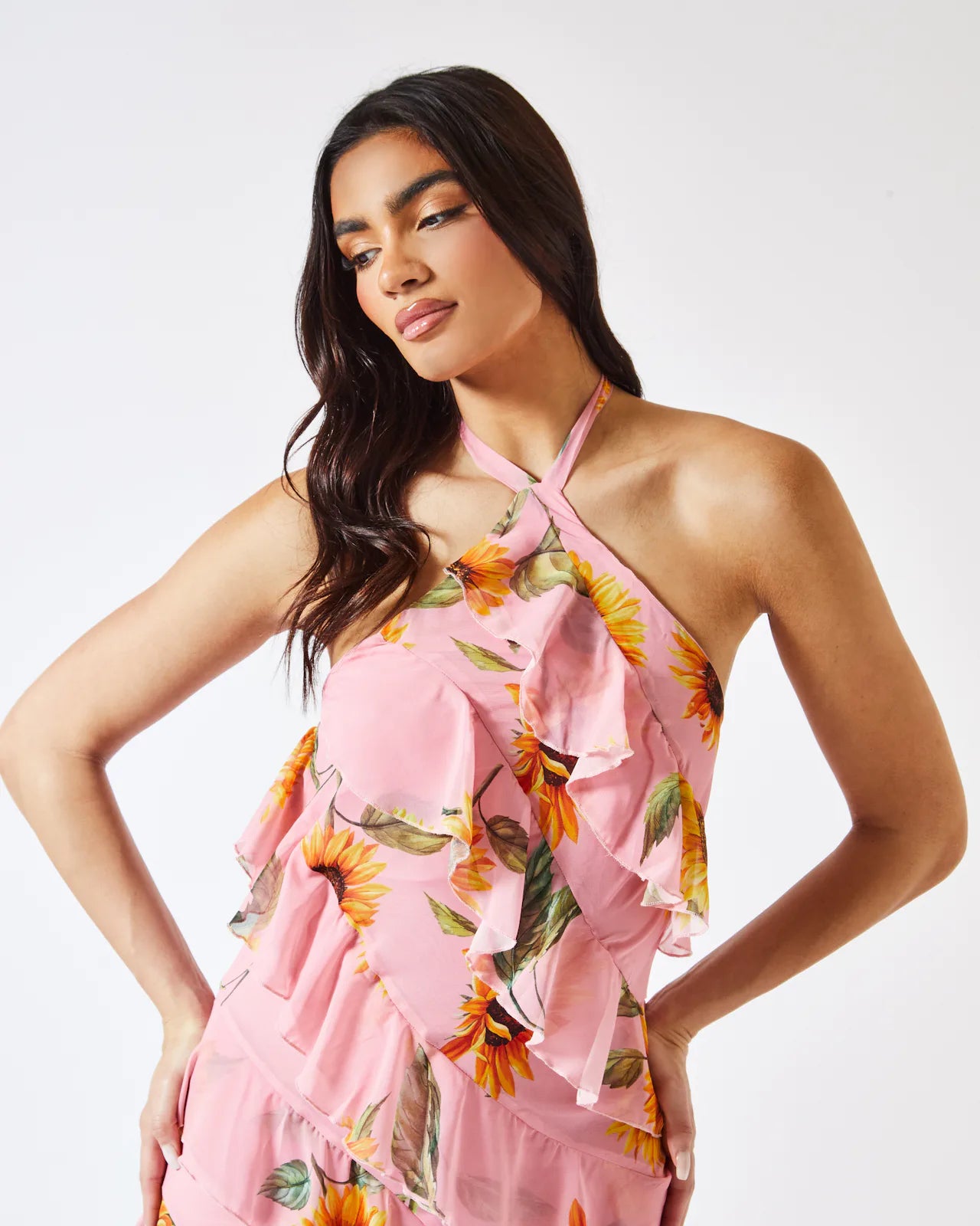 DAHLIA SUNFLOWER HALTER NECK RUFFLE MAXI DRESS IN PINK Arelia's Dream DAHLIA SUNFLOWER HALTER NECK RUFFLE MAXI DRESS IN PINK Arelia's Dream