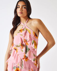 DAHLIA SUNFLOWER HALTER NECK RUFFLE MAXI DRESS IN PINK