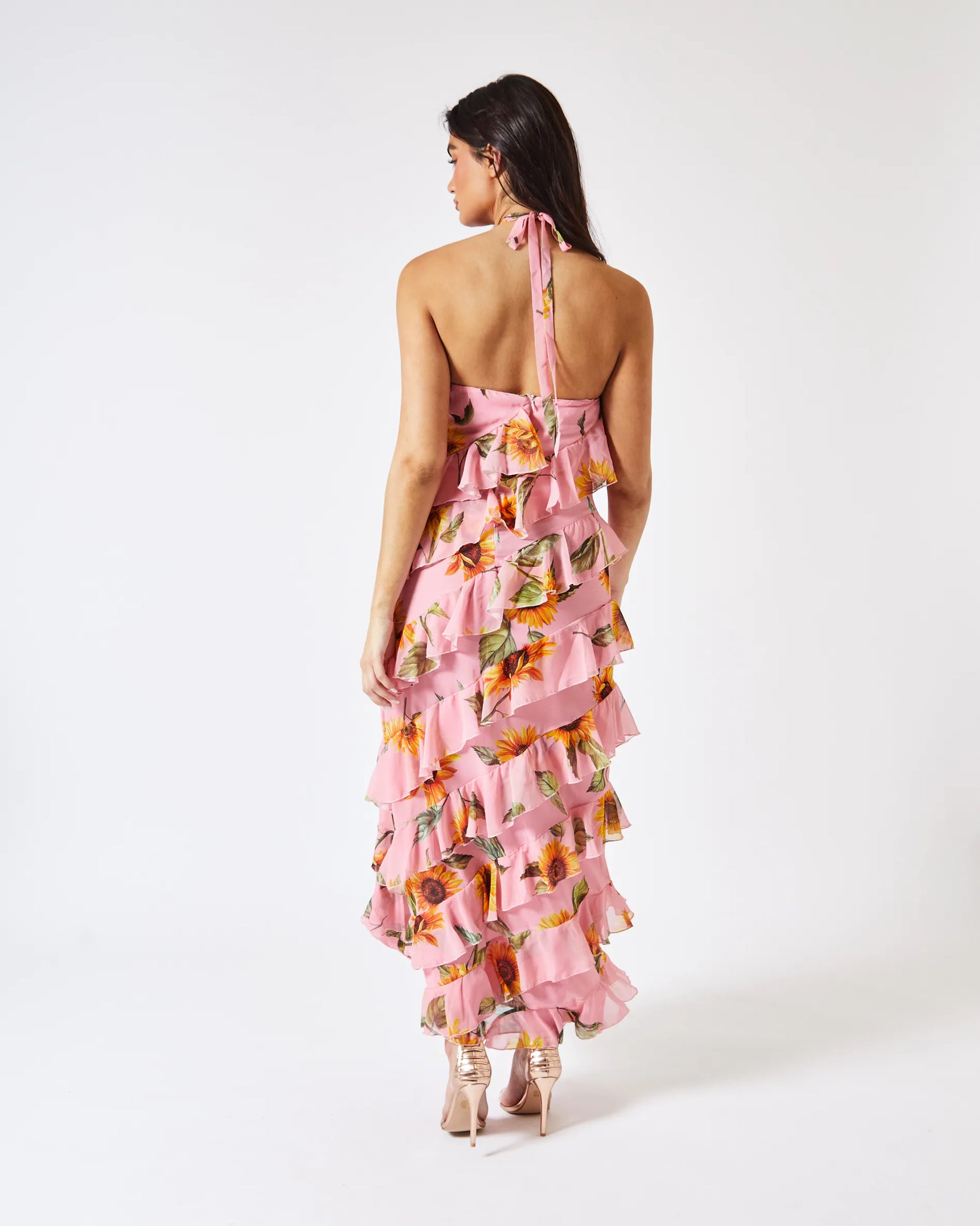 DAHLIA SUNFLOWER HALTER NECK RUFFLE MAXI DRESS IN PINK Arelia's Dream DAHLIA SUNFLOWER HALTER NECK RUFFLE MAXI DRESS IN PINK Arelia's Dream