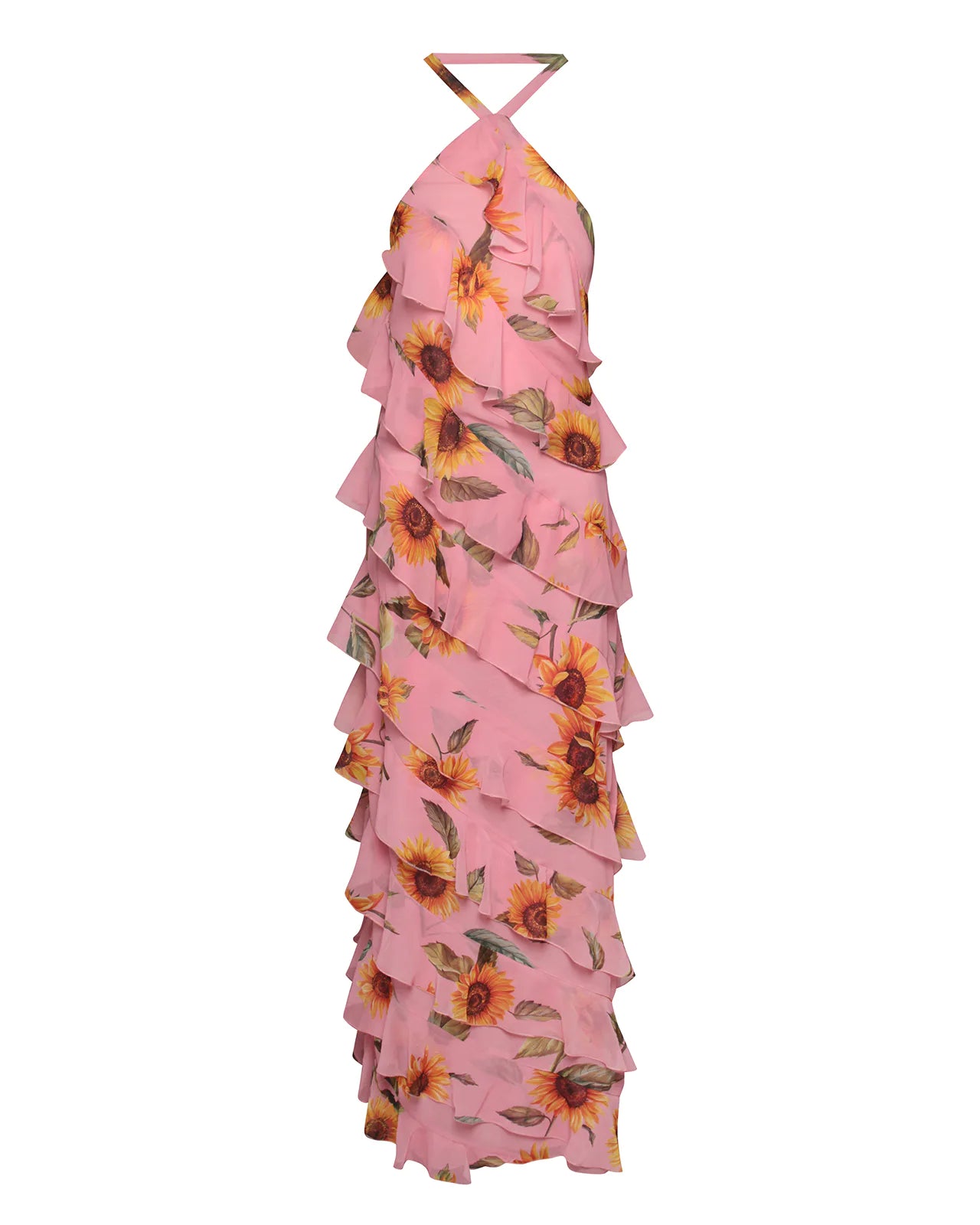 DAHLIA SUNFLOWER HALTER NECK RUFFLE MAXI DRESS IN PINK Arelia's Dream DAHLIA SUNFLOWER HALTER NECK RUFFLE MAXI DRESS IN PINK Arelia's Dream