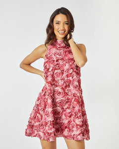 LAETITIA TEXTURED ROSE SWING MINI DRESS IN PINK AND RED