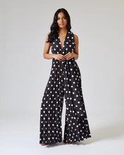 Load image into Gallery viewer, BLACK AND WHITE POLKA DOT JUMPSUIT WITH PLEATED TROUSER AND MULTIWAY BODICE