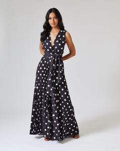 BLACK AND WHITE POLKA DOT JUMPSUIT WITH PLEATED TROUSER AND MULTIWAY BODICE