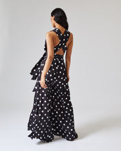 Load image into Gallery viewer, BLACK AND WHITE POLKA DOT JUMPSUIT WITH PLEATED TROUSER AND MULTIWAY BODICE