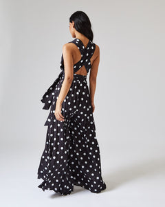 BLACK AND WHITE POLKA DOT JUMPSUIT WITH PLEATED TROUSER AND MULTIWAY BODICE