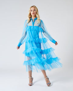 PALOMA TIERED TULLE OVERSIZED SHIRT DRESS IN BRIGHT BLUE