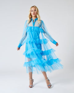 PALOMA TIERED TULLE OVERSIZED SHIRT DRESS IN BRIGHT BLUE