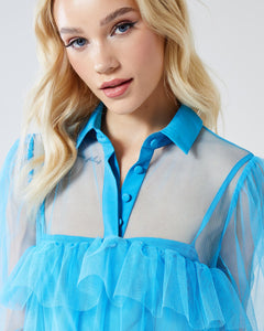 PALOMA TIERED TULLE OVERSIZED SHIRT DRESS IN BRIGHT BLUE