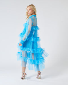 PALOMA TIERED TULLE OVERSIZED SHIRT DRESS IN BRIGHT BLUE