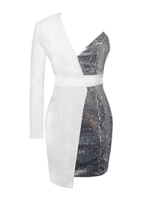 SILVER NIGHT WHITE ONE SLEEVED SEQUIN CREPE TUXEDO BLAZER DRESS