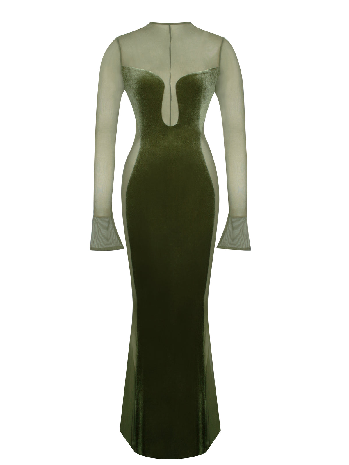 PAISLEE OLIVE GREEN VELVET MESH LONG SLEEVE GOWN Arelia's Dream PAISLEE OLIVE GREEN VELVET MESH LONG SLEEVE GOWN Arelia's Dream