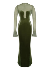 Load image into Gallery viewer, PAISLEE OLIVE GREEN VELVET MESH LONG SLEEVE GOWN