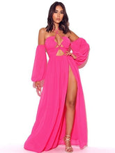 Load image into Gallery viewer, ONCE AN ANGEL HOT PINK HIGH SLIT CHIFFON MAXI DRESS
