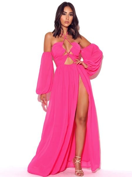ONCE AN ANGEL HOT PINK HIGH SLIT CHIFFON MAXI DRESS