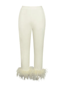 YANLEY CREAM WHITE PANTS WITH FEATHER TRIM