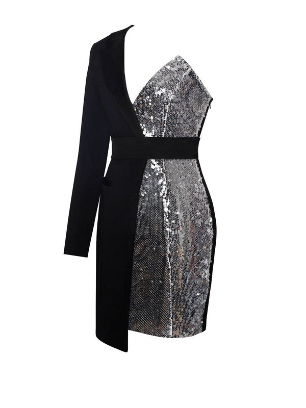 one shoulder sequin blazer dress Silver and White One Sleeve Sequin Tuxedo Blazer Dress