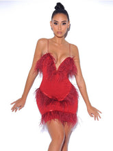 Load image into Gallery viewer, ONE IN A MILLION CRYSTAL AND FUR RED STRETCH CREPE DRESS