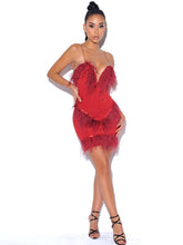Load image into Gallery viewer, ONE IN A MILLION CRYSTAL AND FUR RED STRETCH CREPE DRESS