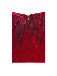 ONE IN A MILLION CRYSTAL AND FUR RED STRETCH CREPE DRESS