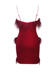 ONE IN A MILLION CRYSTAL AND FUR RED STRETCH CREPE DRESS