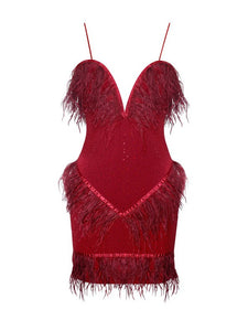 ONE IN A MILLION CRYSTAL AND FUR RED STRETCH CREPE DRESS