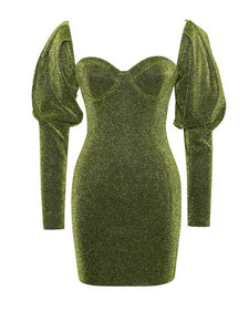 VERINA GREEN METALLIC PUFF SHOULDER DRESS