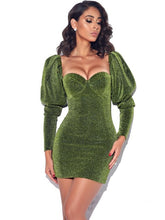 Load image into Gallery viewer, VERINA GREEN METALLIC PUFF SHOULDER DRESS