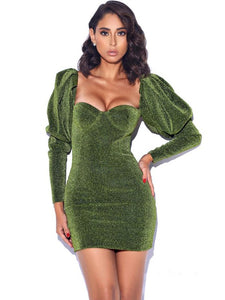 VERINA GREEN METALLIC PUFF SHOULDER DRESS