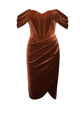 Load image into Gallery viewer, OMARIA TAN VELVET OFF SHOULDER CORSET DRESS