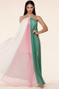 PLEATED COLORBLOCK HALTER MAXI DRESS