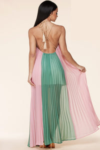 PLEATED COLORBLOCK HALTER MAXI DRESS