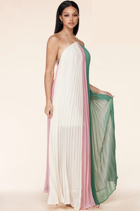 PLEATED COLORBLOCK HALTER MAXI DRESS