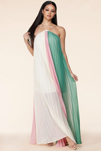 PLEATED COLORBLOCK HALTER MAXI DRESS