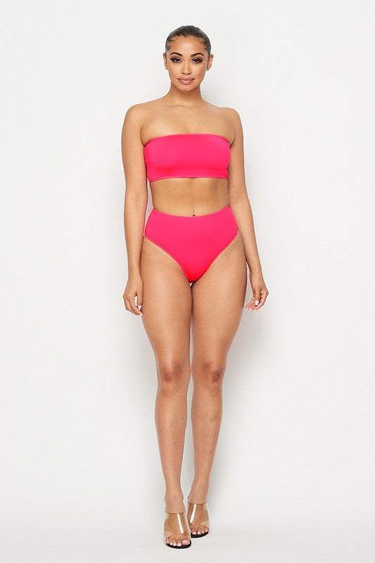 TWO PIECE PINK BANDEAU AND HIGH WAIST PANTY SET
