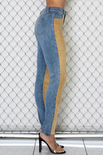 Load image into Gallery viewer, HIGH RISE CORDUROY COLOR BLOCK DENIM SKINNY JEANS