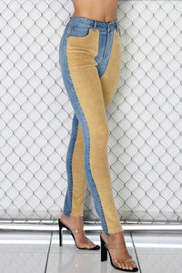 HIGH RISE CORDUROY COLOR BLOCK DENIM SKINNY JEANS