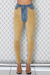 HIGH RISE CORDUROY COLOR BLOCK DENIM SKINNY JEANS