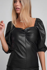 FAUX LEATHER PUFF SLEEVE MINI DRESS