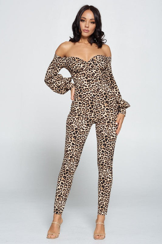 COLD SHOULDER LEOPARD JUMPSUIT