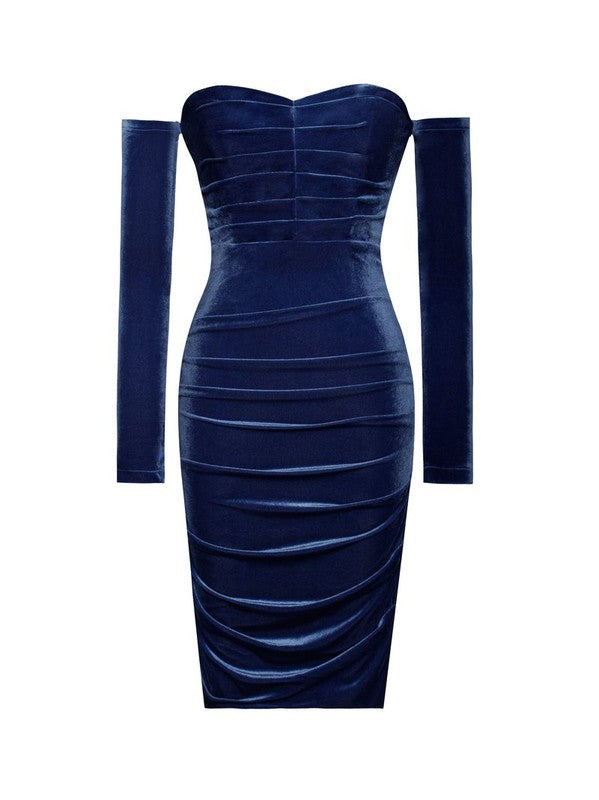 off shoulder blue velvet dress Navy blue velvet dress with folded shoulders