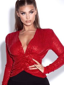 TATE RED SEQUINED LONG SLEEVE TOP