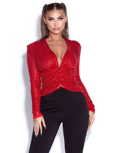 TATE RED SEQUINED LONG SLEEVE TOP