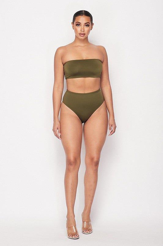 TWO PIECE OLIVE BANDEAU AND HIGH WAIST PANTY SET