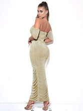 Load image into Gallery viewer, GENE GOLD RUCHED OFF SHOULDER CHIFFON DRESS